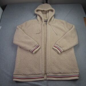 Tommy Hilfiger‎ Jacket Womens XL Beige Open Front Sherpa Fleece Hooded Cardigan